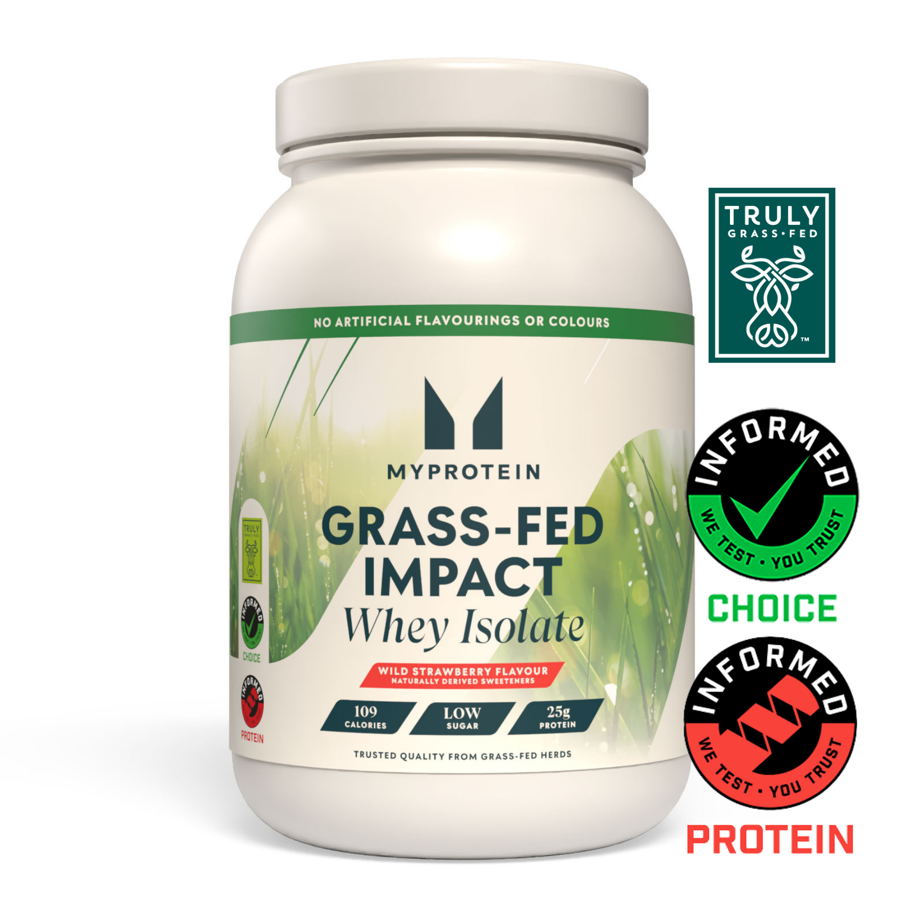 Impact Whey Isolate provenant d’animaux nourris exclusivement à l’herbe - 1kg - Wild Strawberry (naturally derived sweeteners)