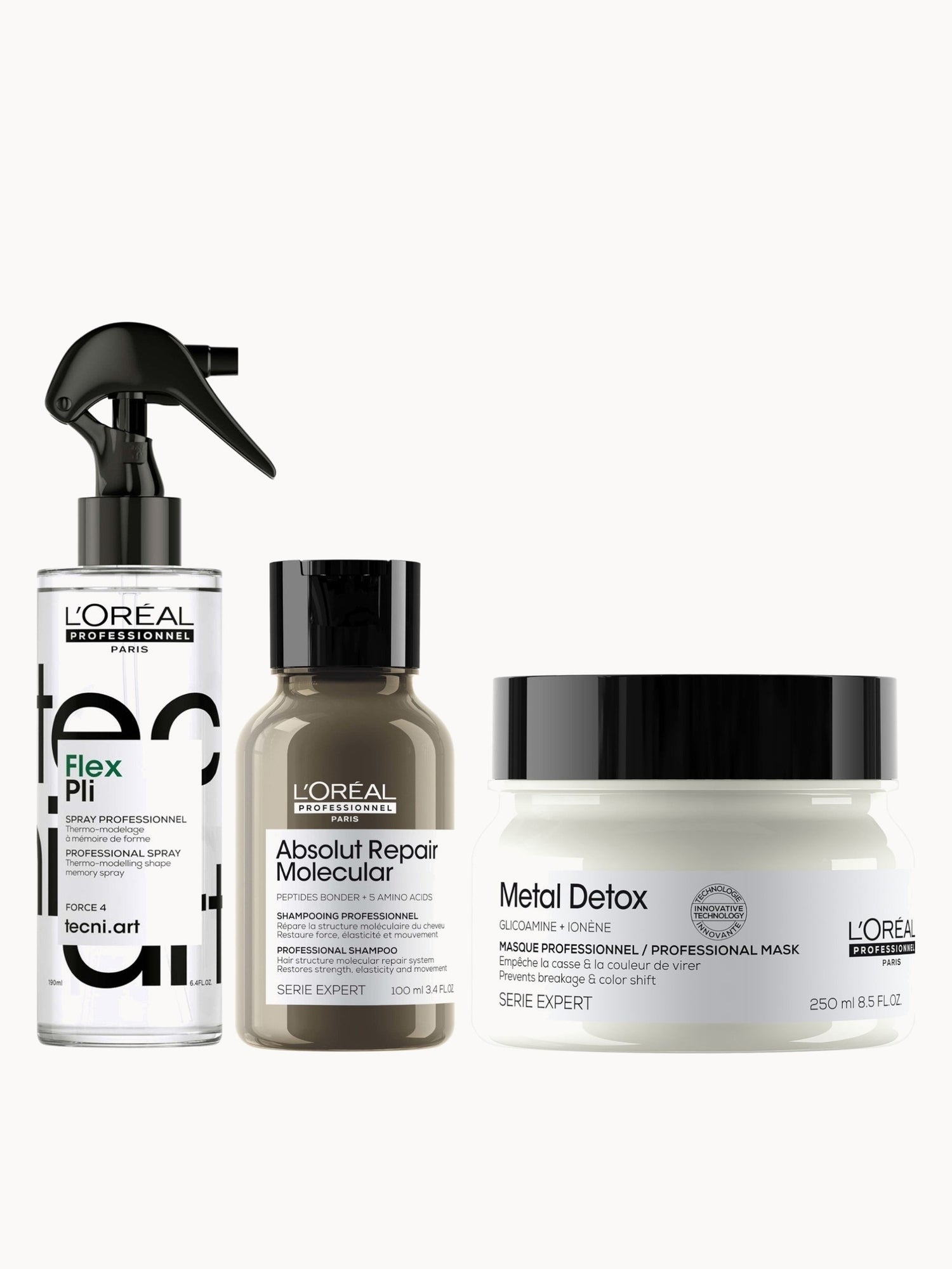 L'Oréal Professionnel Metal Detox Hair Mask & Tecni Art Flex Pli Styling Spray, with Free Mini Shampoo, 250ml, 190ml & 100ml