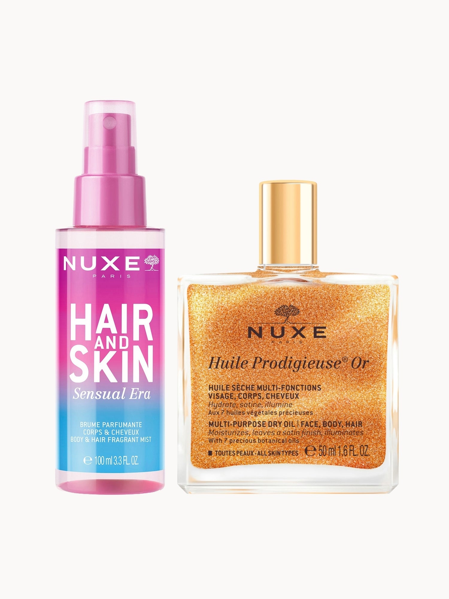 NUXE Huile Prodigieuse Shimmering Multi-Purpose Dry Oil 50ml & 'Sensual Era' Hair & Body Fragrance Mist 100ml Bundle