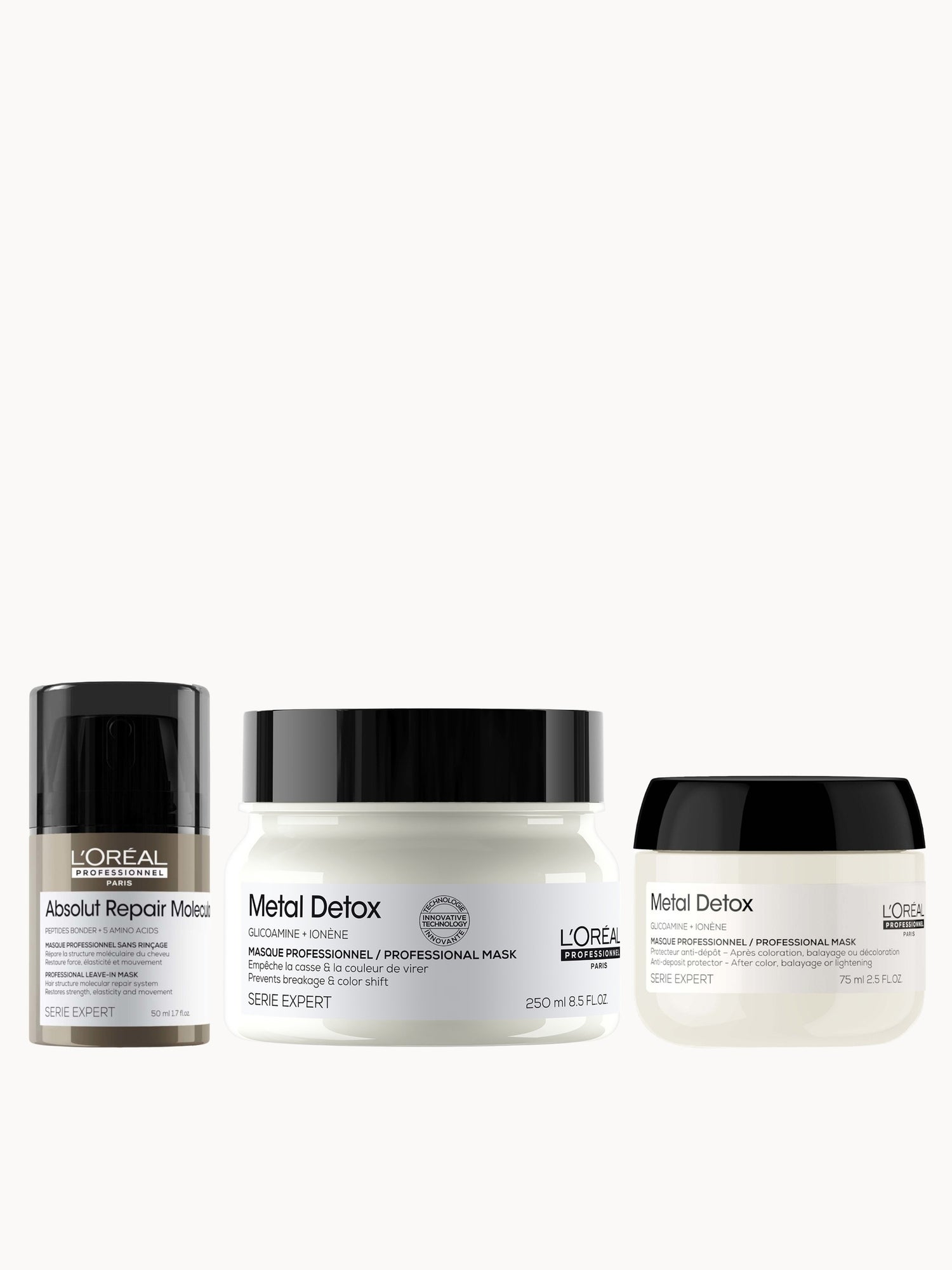 L'Oréal Professionnel Metal Detox Hair Mask & Absolut Repair Molecular Leave-In Cream, repair damage mask set 250ml & 50ml