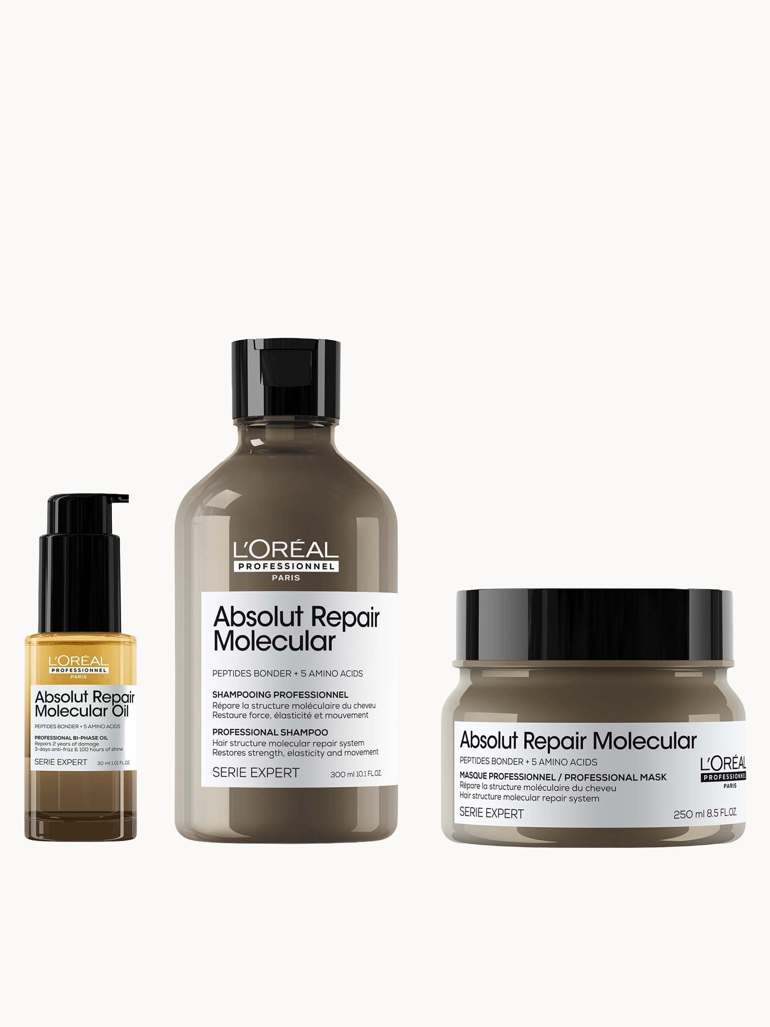 L'Oréal Professionnel Absolut Repair Molecular Shampoo 300ml, Hair Mask 250ml & Bi-Phase Hair Oil for Damaged Hair 30ml