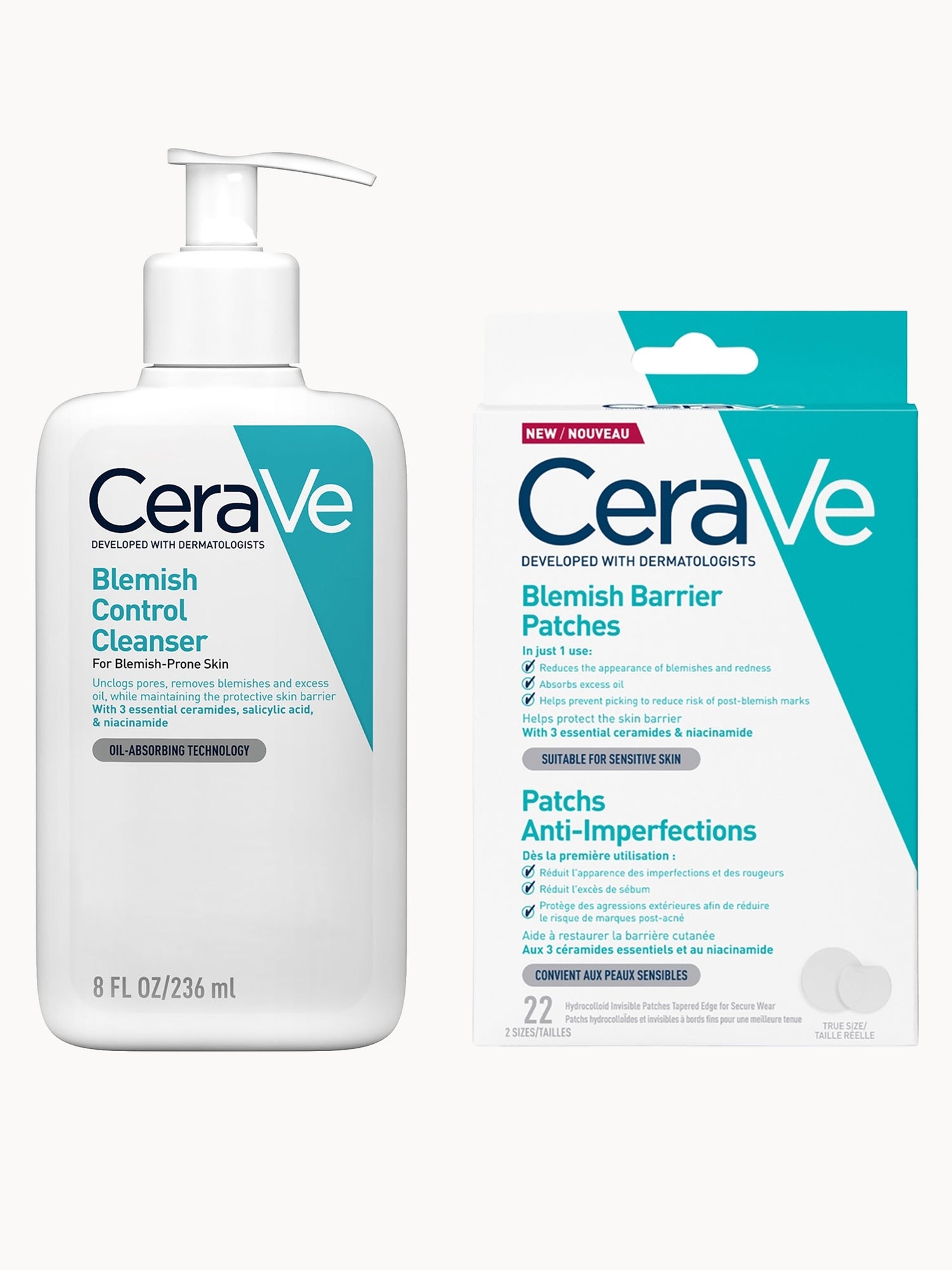 CeraVe Breakout SOS Routine: CeraVe Blemish Control Cleanser Face Wash + Blemish Barrier Patches Pack of 22
