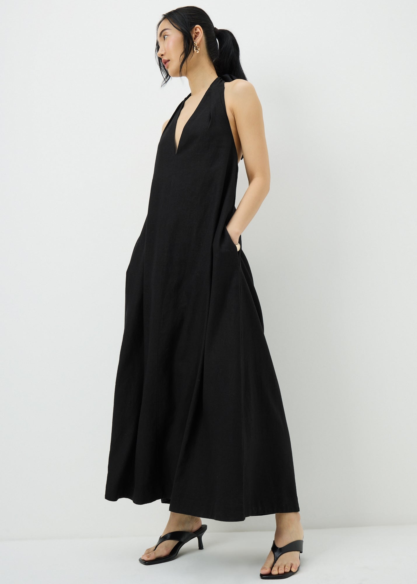 Black Halter Neck Linen Blend Maxi Dress