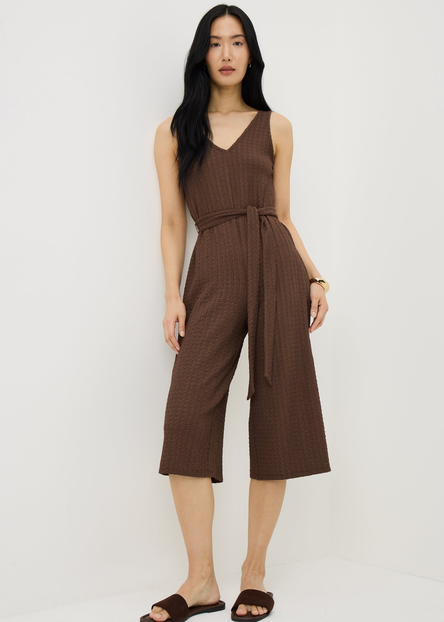 Chocolate Brown Crinkle Belted Culotte Jumpsuit
