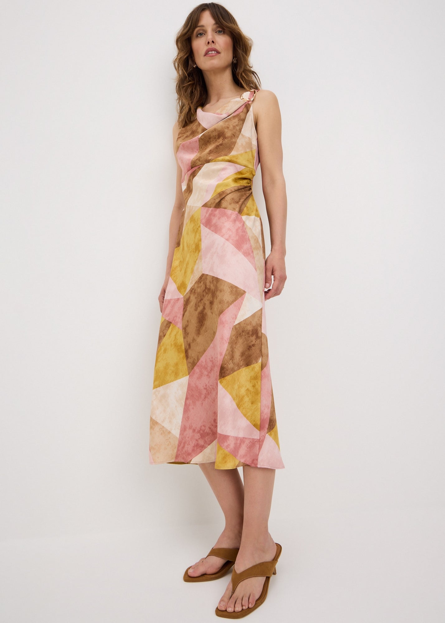 Multicolour Abstract Cowl Neck Midi Dress