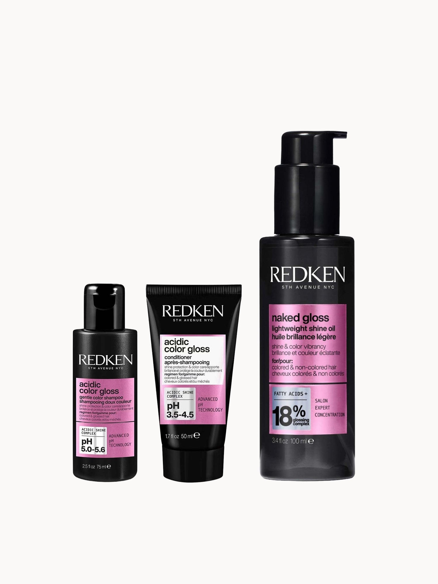 Redken Naked Gloss Hair Oil 100ml, Acidic Color Gloss Shampoo 75ml & Conditioner 50ml