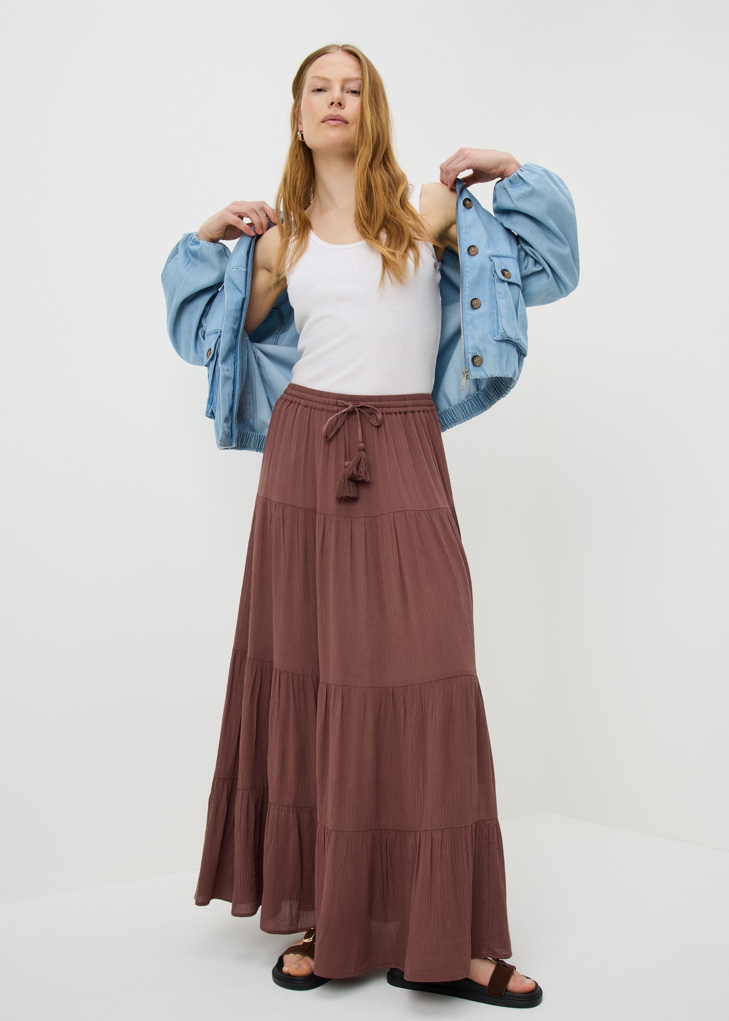 Chocolate Brown Tiered Cheesecloth Maxi Skirt