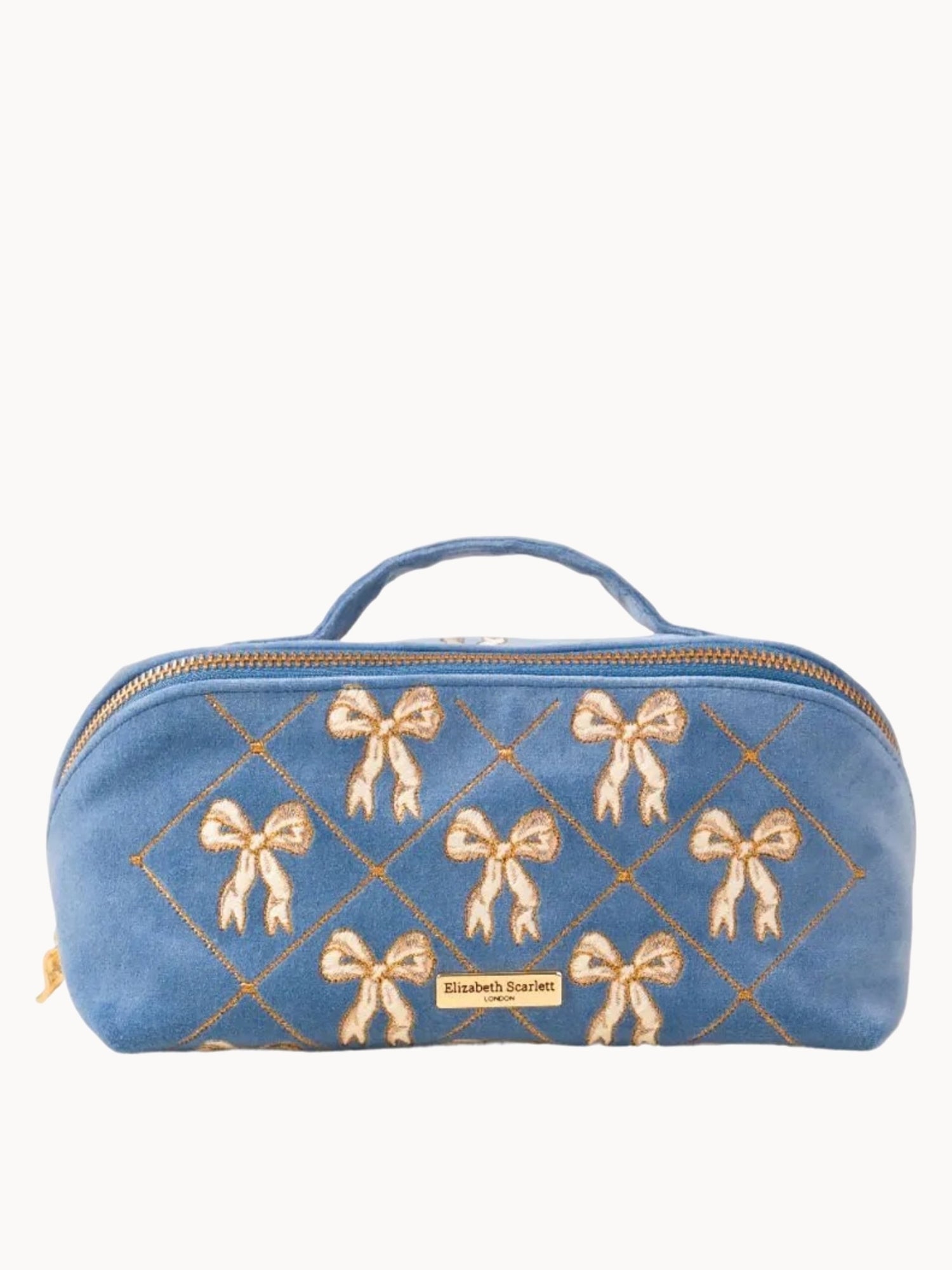 Elizabeth Scarlett Lattice Bows Velvet Open Flat Makeup Bag - Dusky Blue