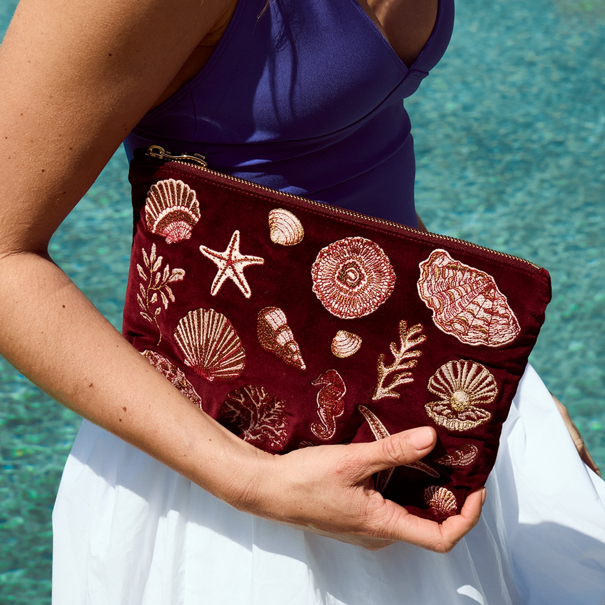 Elizabeth Scarlett Sun Goddess Rust Velvet Open Flat Makeup Bag