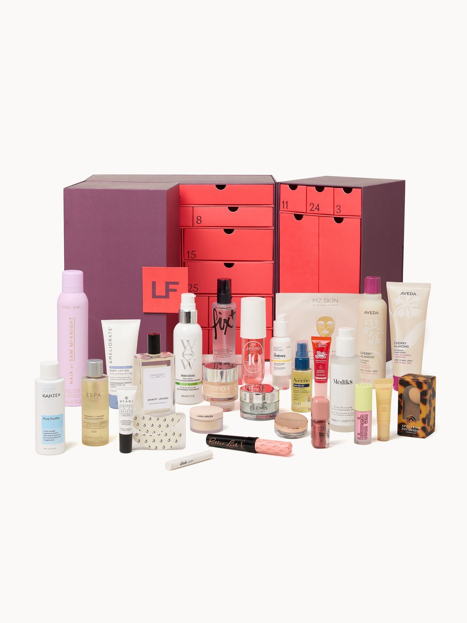 Burgundy and coral Lookfantastic Beauty Advent Calendar 2026 opened beside 27 skincare, makeup and haircare surprises