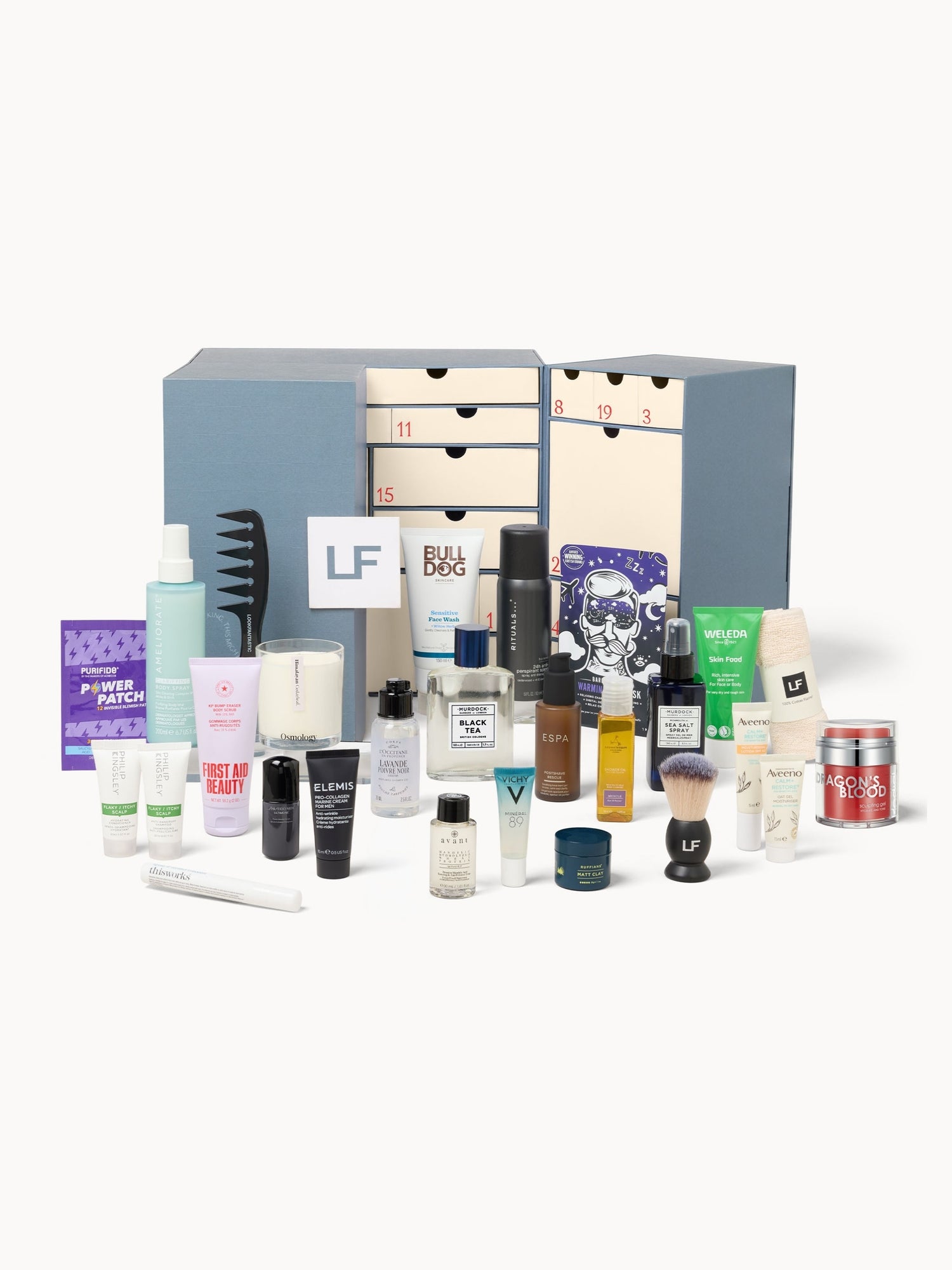 Blue-grey Lookfantastic Grooming Advent Calendar 2026 opened beside 27 skincare, haircare, fragrance and grooming gifts