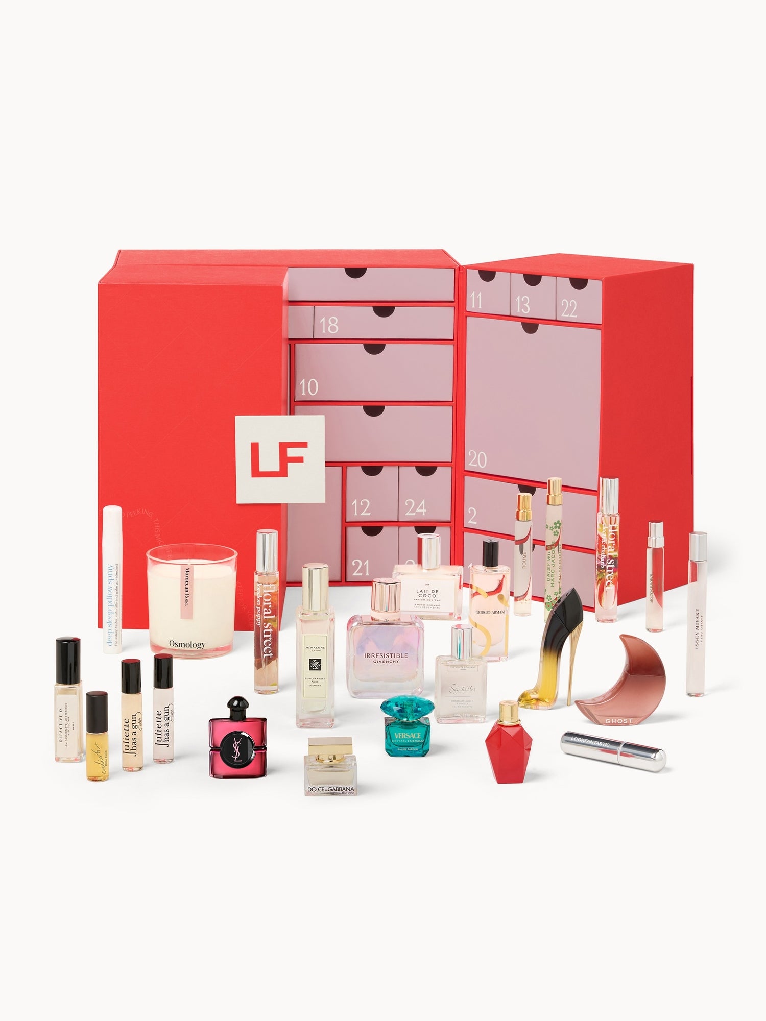 Bright red Lookfantastic Fragrance Advent Calendar 2026 opened beside 25 luxury perfumes, miniatures and scented gifts