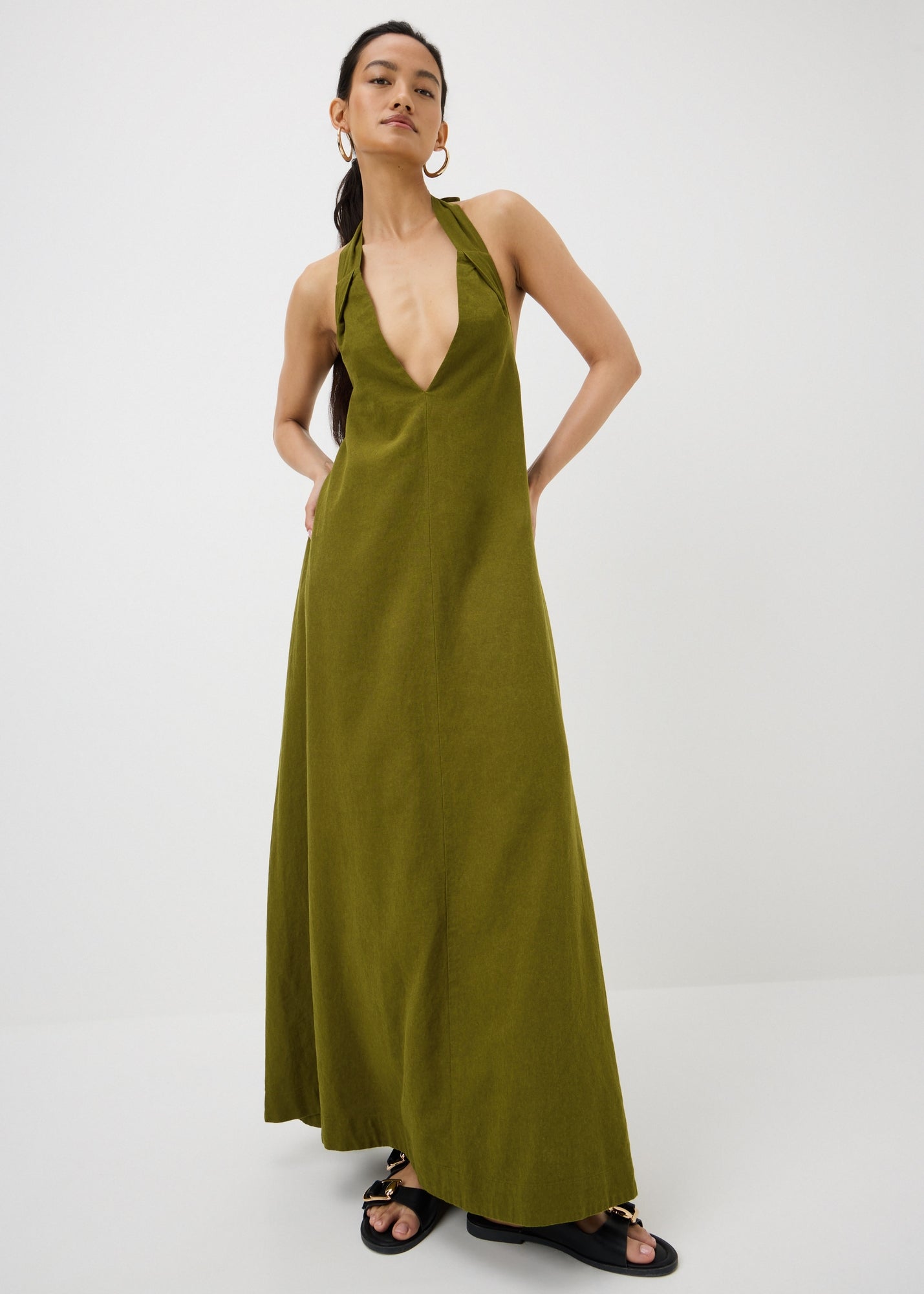 Green Halter Neck Linen Blend Maxi Dress