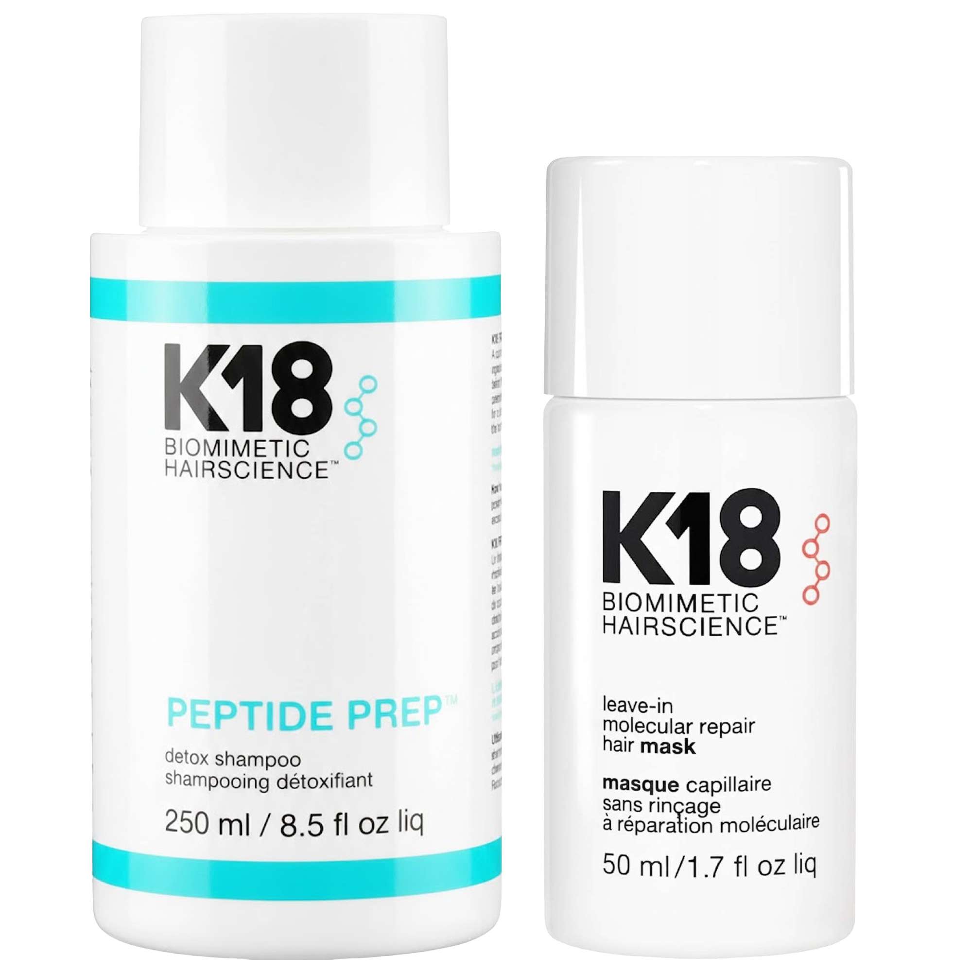 K18: K18 Bundles Duo: Biomimetic Hairscience Peptide Prep Detox Shampoo 250ml & Leave-In Molecular Repair Hair Mask 50ml