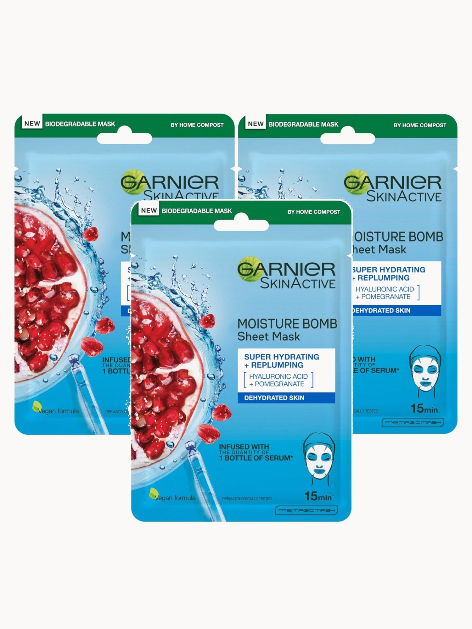 Garnier Moisture Bomb Pomegranate and Hyaluronic Acid Face Sheet Mask Trio