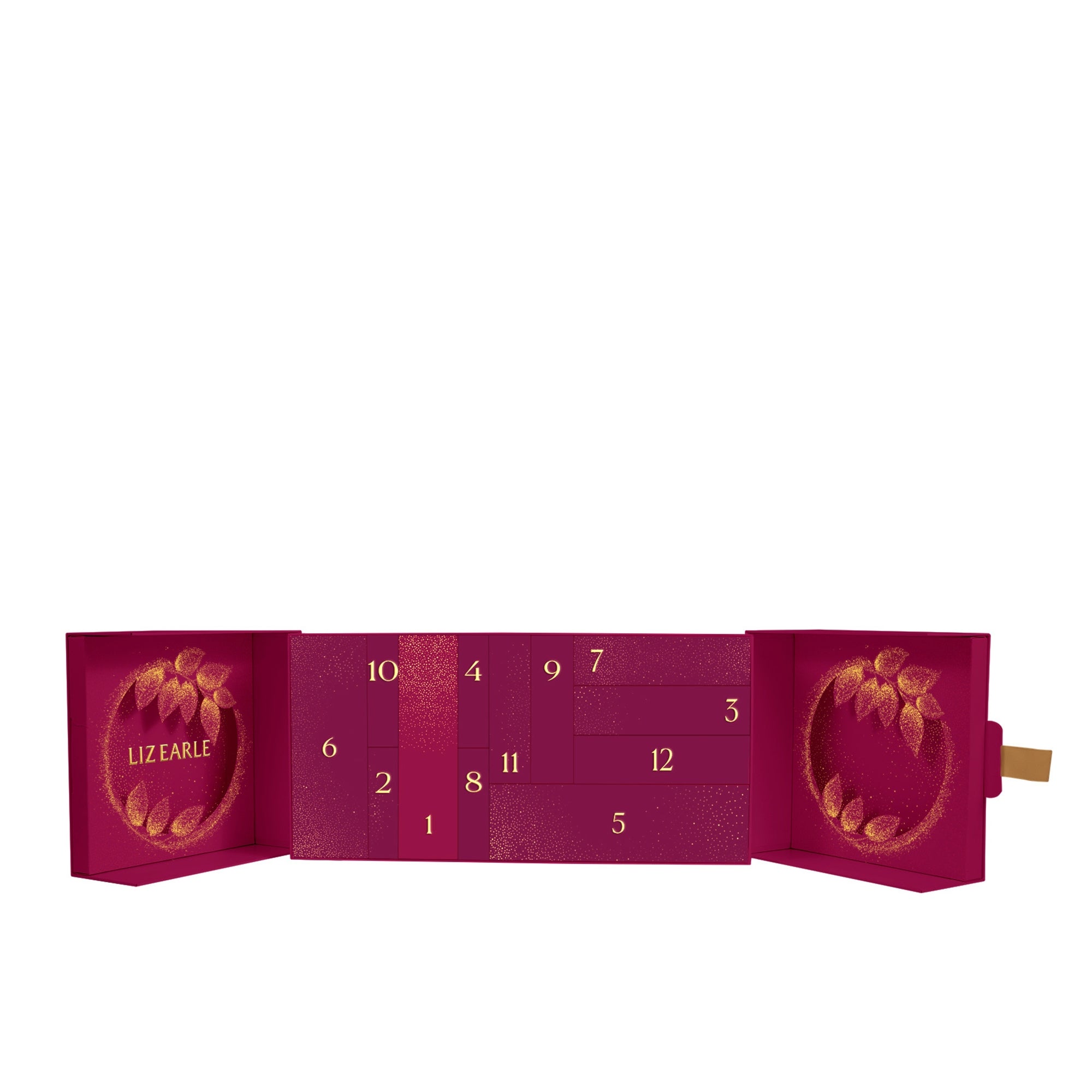 Burgundy Liz Earle 12 Days Advent Calendar 2026 opened to reveal its gold-numbered skincare compartments