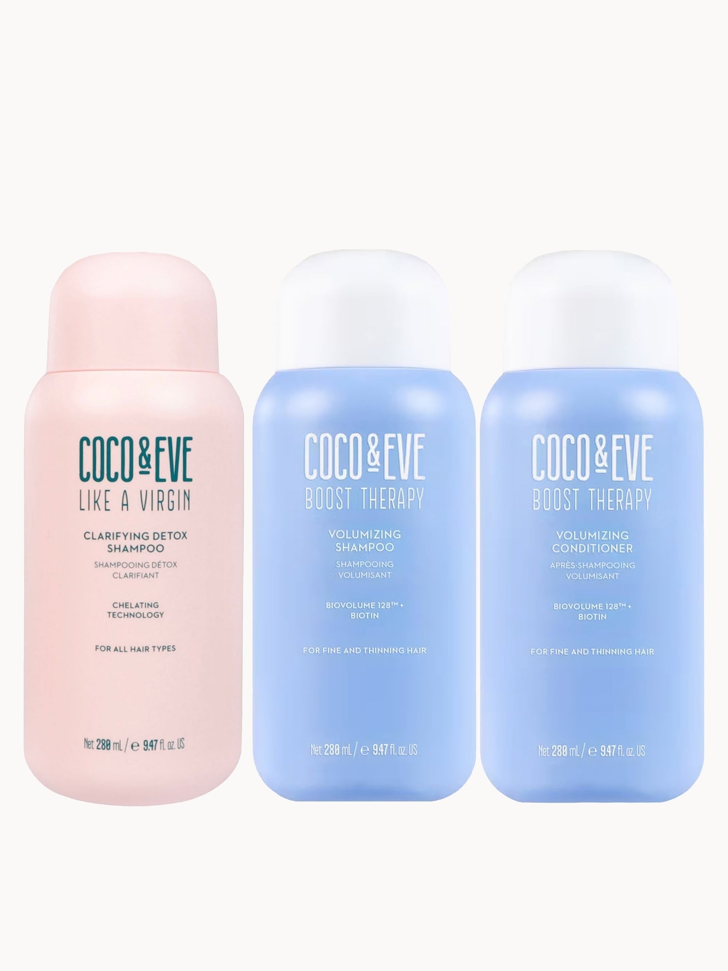 Coco & Eve Clarifying Detox Shampoo, Boost Therapy Shampoo and Boost Therapy Conditioner