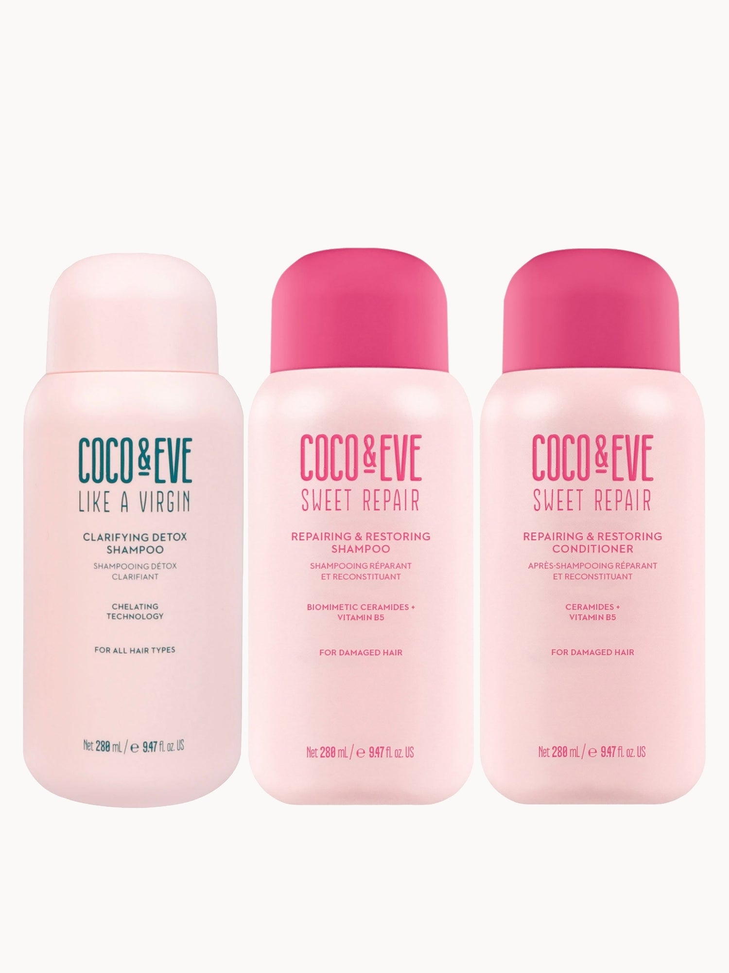 Coco & Eve Clarifying Detox Shampoo, Sweet Repair Shampoo and Sweet Repair Conditioner