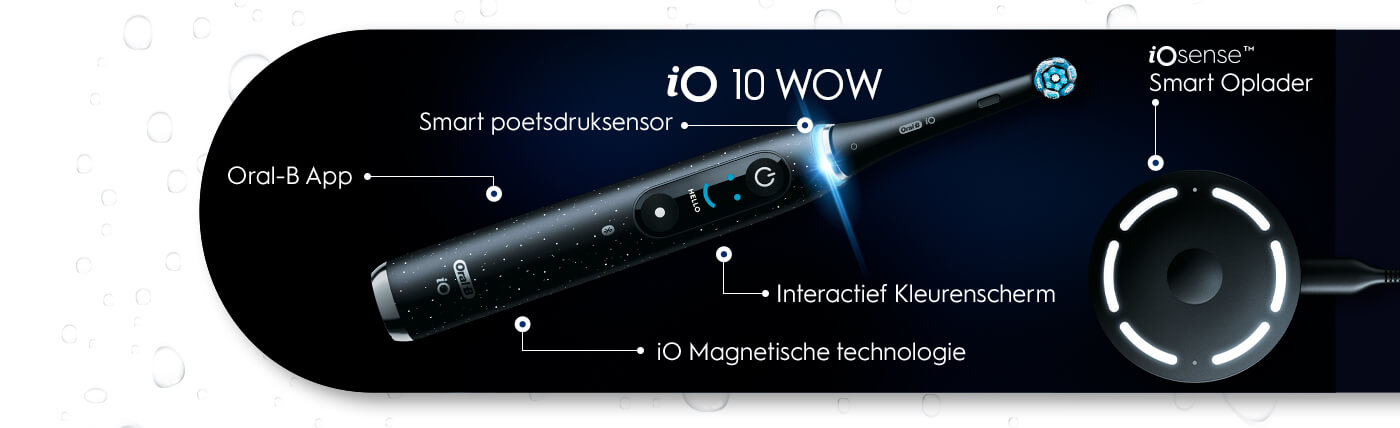 iO 10 WOW, Smart poetsdruksensor, Oral-B App, Interactief Kleurenscherm, iO magnetische technologie, iO sense Smart Oplader