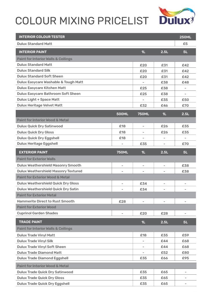 Colour Mixing Price List