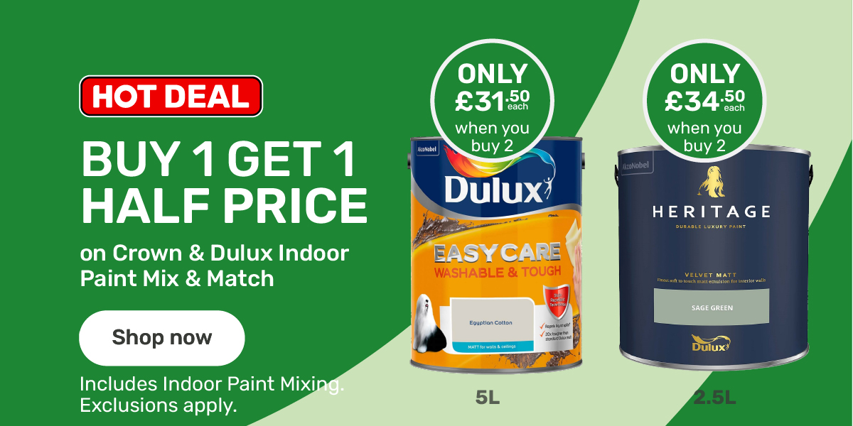 Buy one get 1 half price on Crown & Dulux Indoor Paint