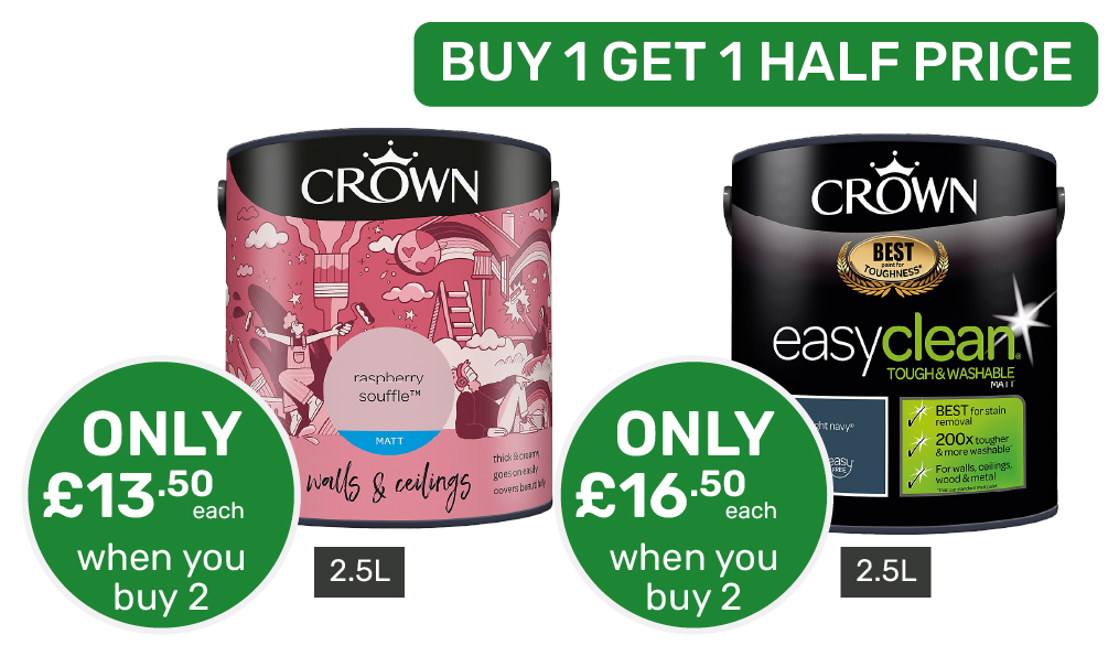 Buy 1 Get 1 HALF PRICE on Crown Indoor paint