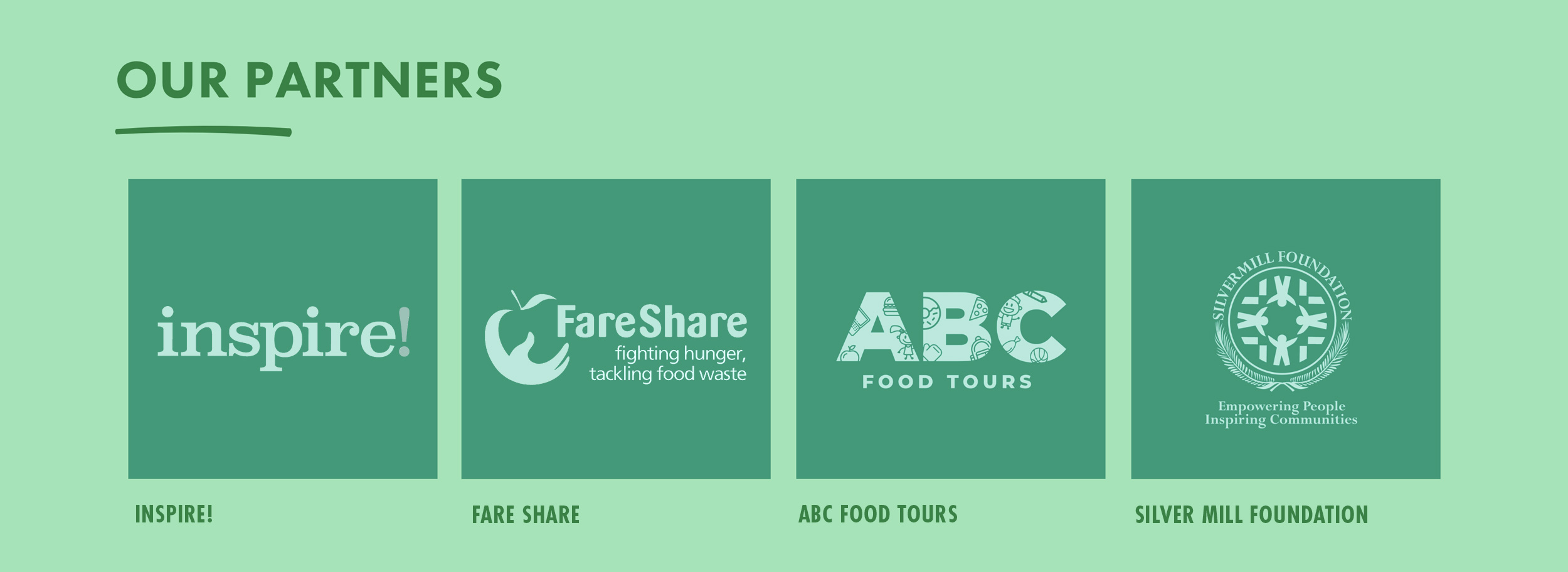 Our partners: Inspire!, Fare Share, ABC Food Tours, Silver Mill Foundation