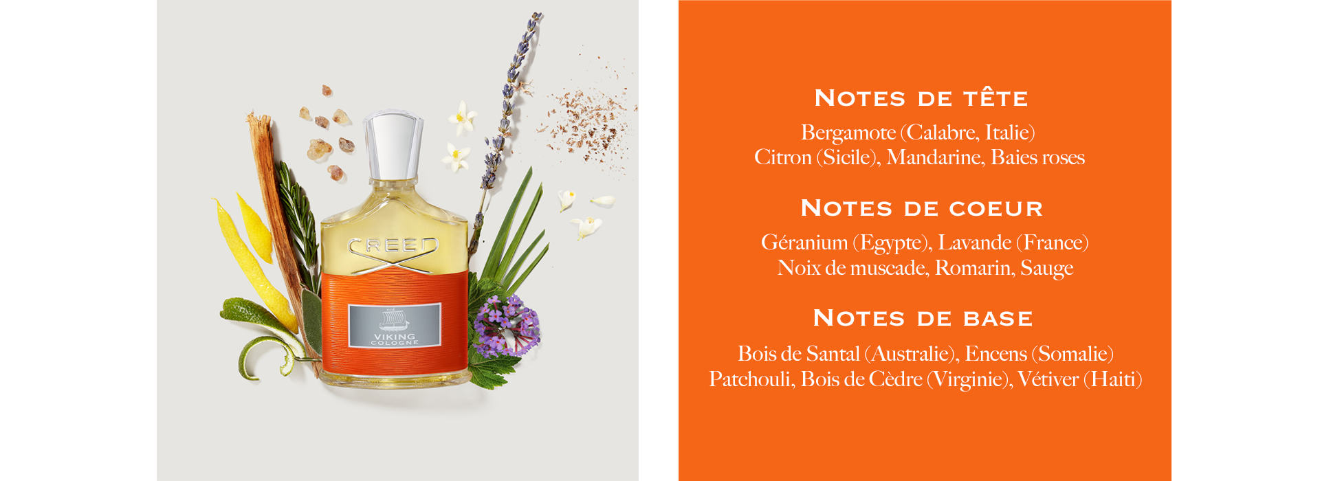 Notes De Tete: Bergamote (Calabre, Italie), Citron (Sicilie), Mandarine, Baies roses. Notes De Coeur: Geranium (Egypte), Lavande (France), Noix de muscade, Romarin, Sauge. Notes De Base: Bois De Santal (Australie), Encens (Somalie), Patchouli, Bois De Cedre (Virginie), Vetiver (Haiti)