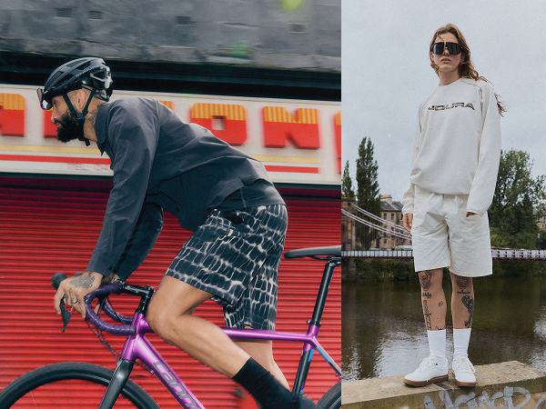 Drei nebeneinander liegende Bilder: Links eine grüne Backsteinwand mit roter Graffiti, auf der „NO BIKE GAMES“ steht. In der Mitte fährt ein Mann mit Bart, schwarzem Helm, schwarzer Jacke und gemusterten Shorts ein violettes Rennrad vor einem roten Laden mit teilweise sichtbarem gelb-rotem Schriftzug. Rechts steht eine Person mit langen Haaren, großen schwarzen Sonnenbrillen, weißem Langarmshirt, weißen Shorts, weißen Socken und weißen Turnschuhen auf einer Mauer am Fluss, im Hintergrund Bäume und eine Brücke; ein gelber Button mit der Aufschrift „SHOP BAGGIES“ ist über dem Bild eingeblendet