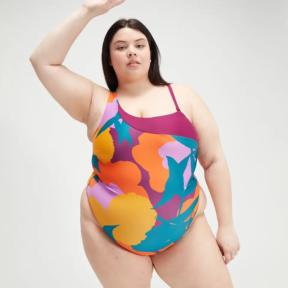 Women's Plus Size Printed Asymetric Swimsuit Teal/Mango