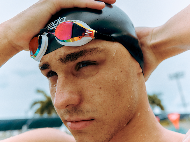 man wearing speedo fastskin goggles