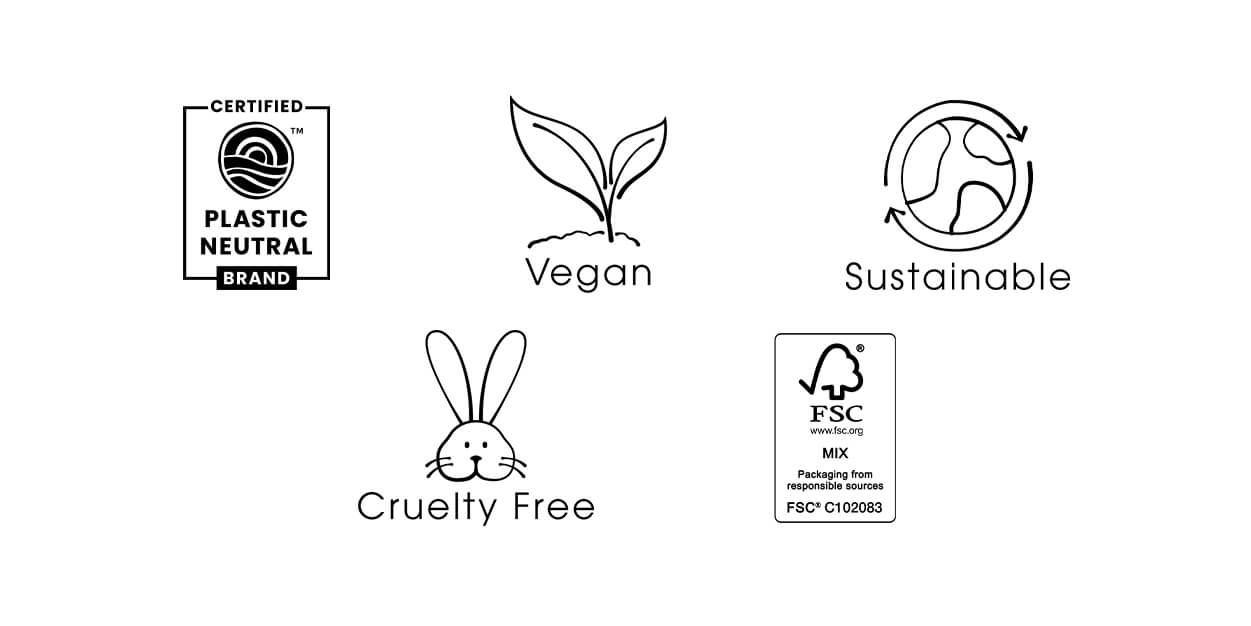 Certified Plastic Neutral Brand. Vegan. Sustainable. Cruelty Free. FSC.