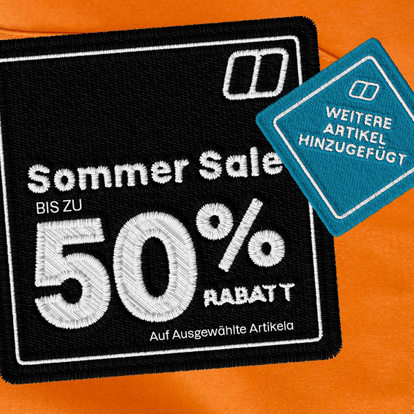 50 % Rabatt auf den Sommerschlussverkauf, weitere Linien auf orangefarbenem Hintergrund hinzugefügt