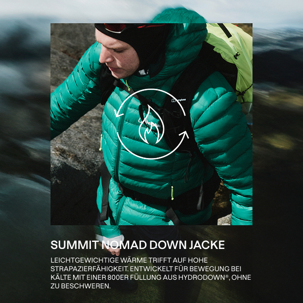  A person wearing a bright green, quilted puffer jacket with a hood, called the RIDGE SEEKER GORE-TEX Jacket. The jacket has horizontal stitching, a high collar that zips up under the chin, and a small white logo on the upper arm. The person is outdoors in motion, carrying a light green hiking backpack with black straps. The jacket looks lightweight but insulated, designed for cold-weather hiking.