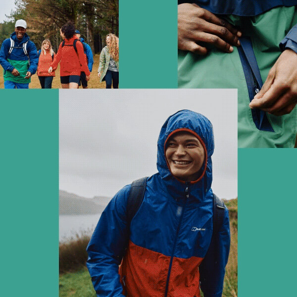 A collage of 3 photos on a green background. One image shows a group of 5 people walking out of a forest wearing Berghaus apparel, the other image is a person standing up smiling with a berghaus coat on with the hood up, the 3rd image is a close up image of someone zipping up a Berghaus coat pocket.On the left of the image there is text saying "our philosophy. We believe the best of life is lived outdoors. And that absolutely nothing should stop you being there."