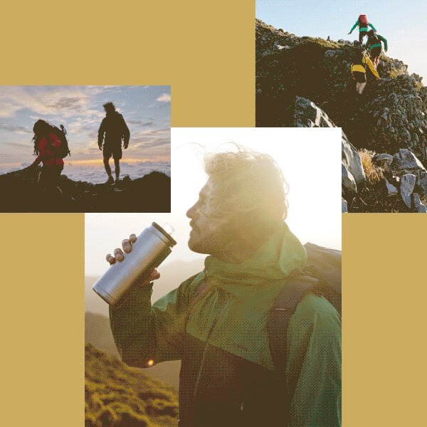 There is a collage of 3 photos on a yellow background, one image shows the silhouete of 2 people stood on top of a mountain in the evening, the other image is a man drinking something from a class on a mountain terrain and the other image is is 3 people climbing up a steep mountain