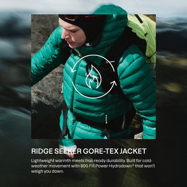  A person wearing a bright green, quilted puffer jacket with a hood, called the RIDGE SEEKER GORE-TEX Jacket. The jacket has horizontal stitching, a high collar that zips up under the chin, and a small white logo on the upper arm. The person is outdoors in motion, carrying a light green hiking backpack with black straps. The jacket looks lightweight but insulated, designed for cold-weather hiking.