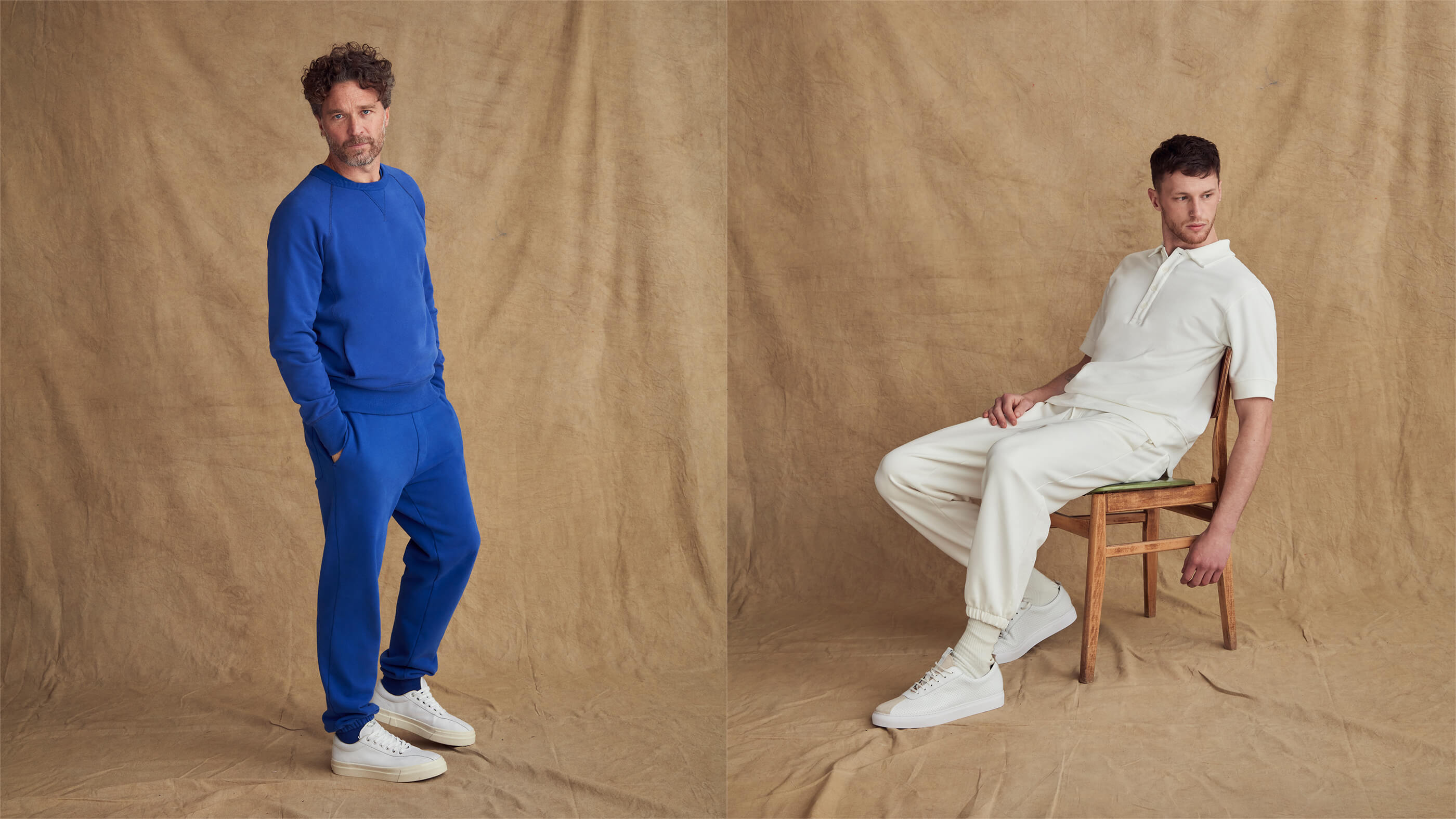 Models wearing blue and off white sweats