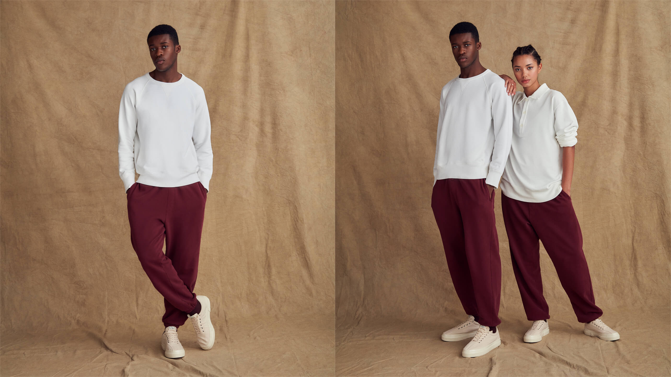 Models wearing off white and burgundy sweats