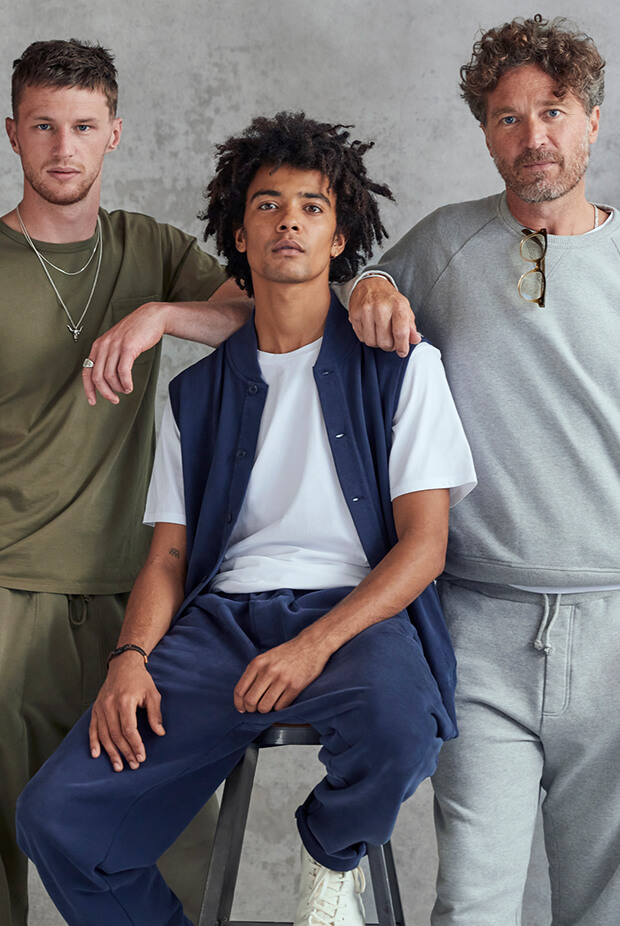 Three men wearing different david gandy wellwear casualwear
