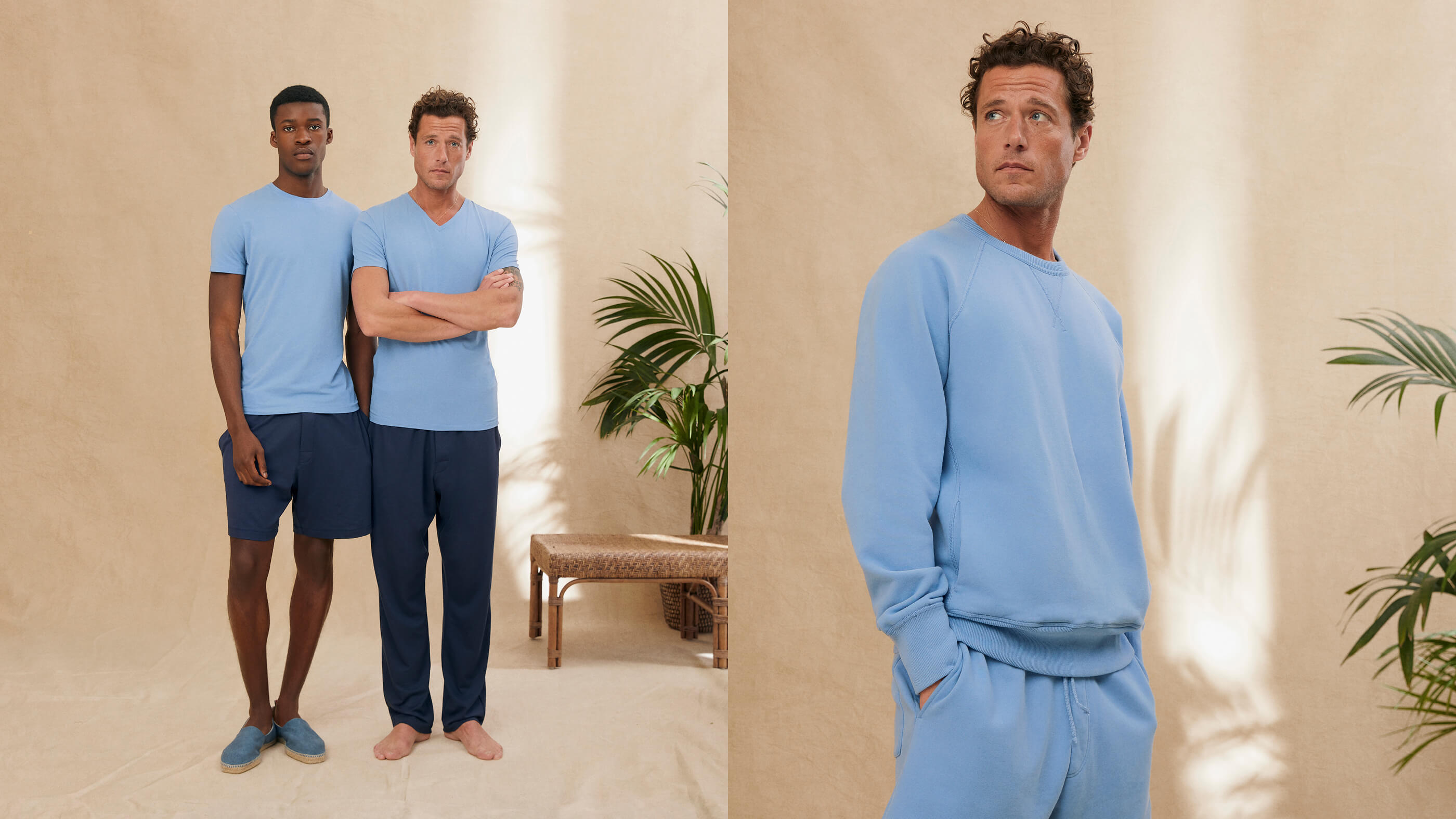 models wearing navy and light blue sweats