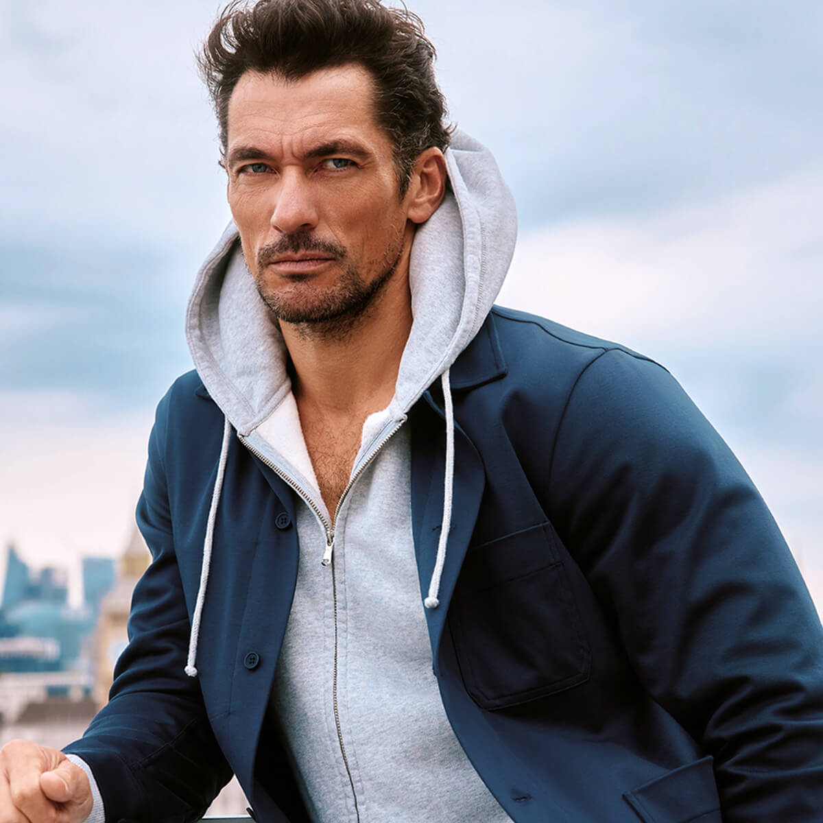 David Gandy styling the Ultimate Hoodie in Grey and the East Jacket in Midnight
