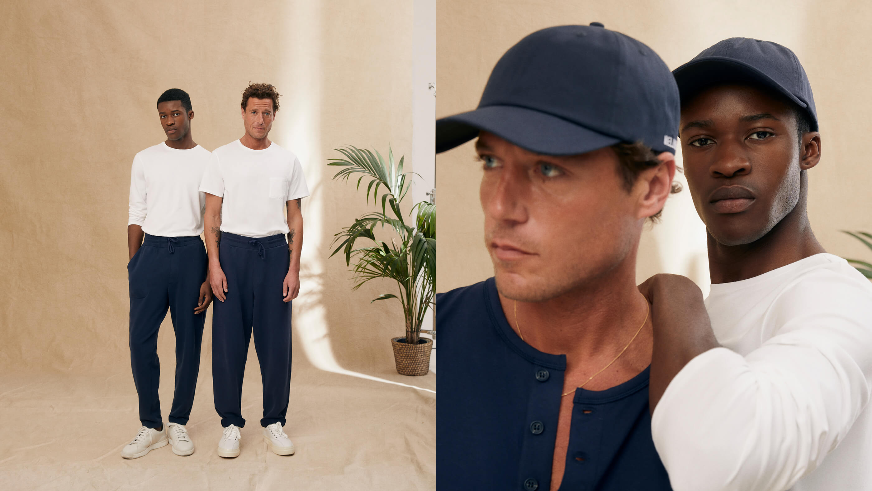 models wearing navy and white sweats with navy caps
