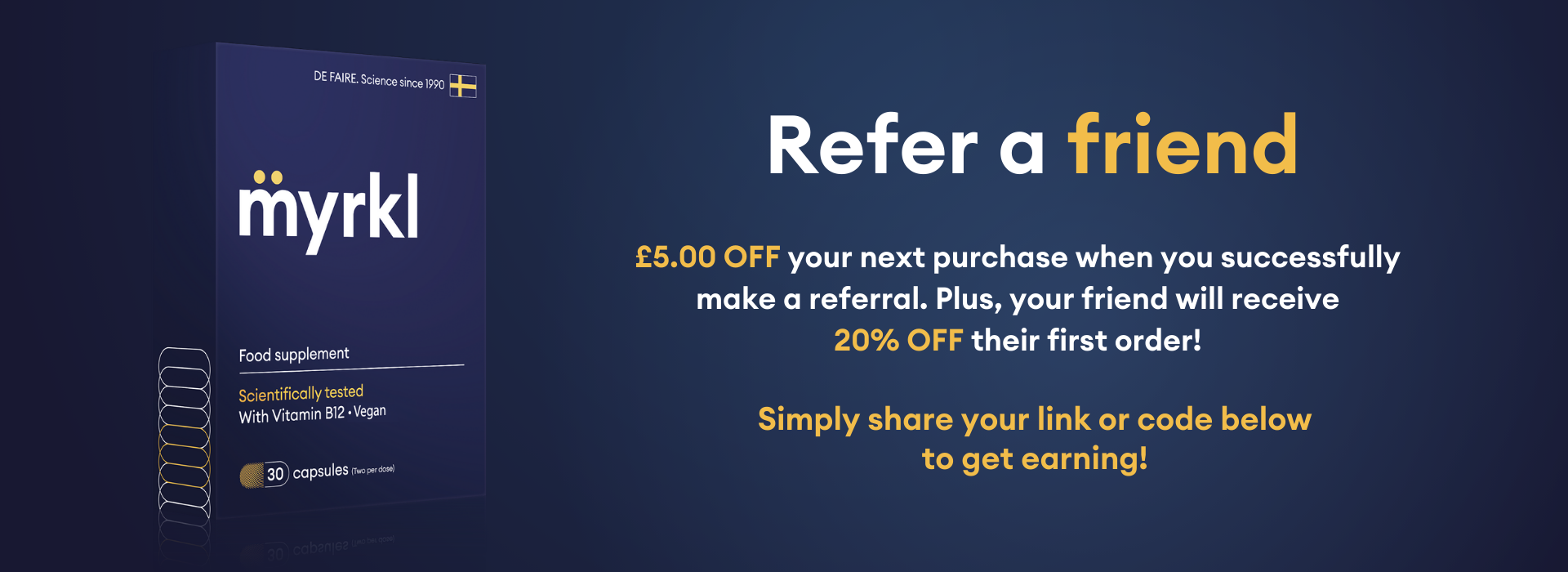 refer a friend. £5 off your next purchase when you successfully make a referral. Plus, your friend will receive 20% off their first order! simply share your link or code below to get earning.