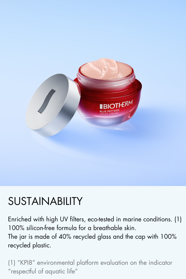Enriched with high UV filters, eco-tested in marine conditions. (1) 100% silicon-free formula for a breathable skin. The jar is made of 40% recycled glass and the cap with 100% recycled plastic. (1) “KPI8” environmental platform evaluation on the indicator “respectful of aquatic life”