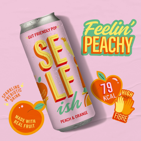 Feelin Peachy, gut friendly pop Selfish peach and orange, sparkling prebiotic drink. Made with real fruit. 79 kcal, high fibre.