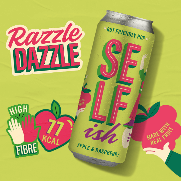 Razzle Dazzle, gut friendly pop Selfish Apple and Raspberry. High fibre, 77 kcal, made with real fruit.