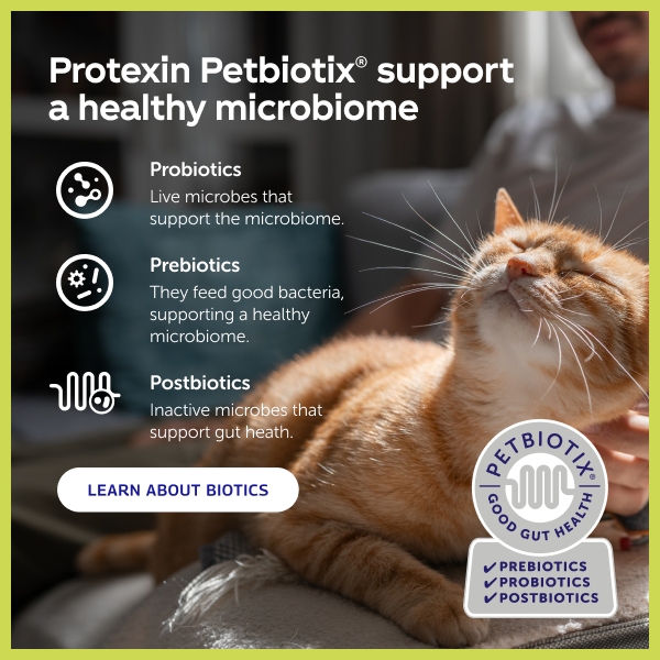 Protexin Petbiotix® support a healthy microbiome. Probiotics Live microbes that support the microbiome.  Prebiotics They feed good bacteria, supporting a healthy microbiome.  Postbiotics Inactive microbes that support gut health. LEARN ABOUT BIOTICS