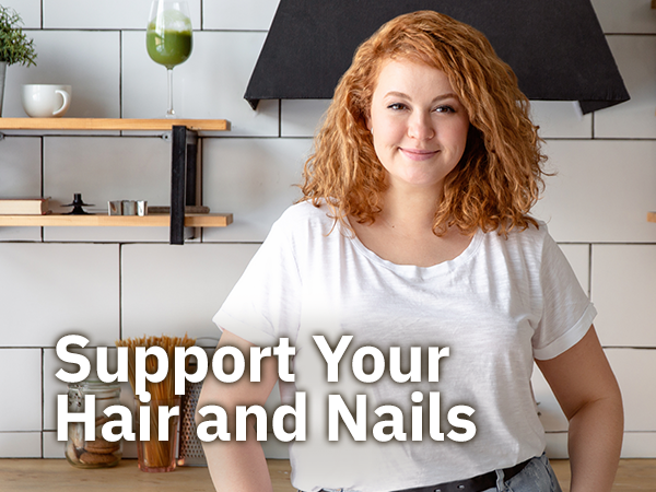 A women showing her hair with the text overlay "support your hair and nails"