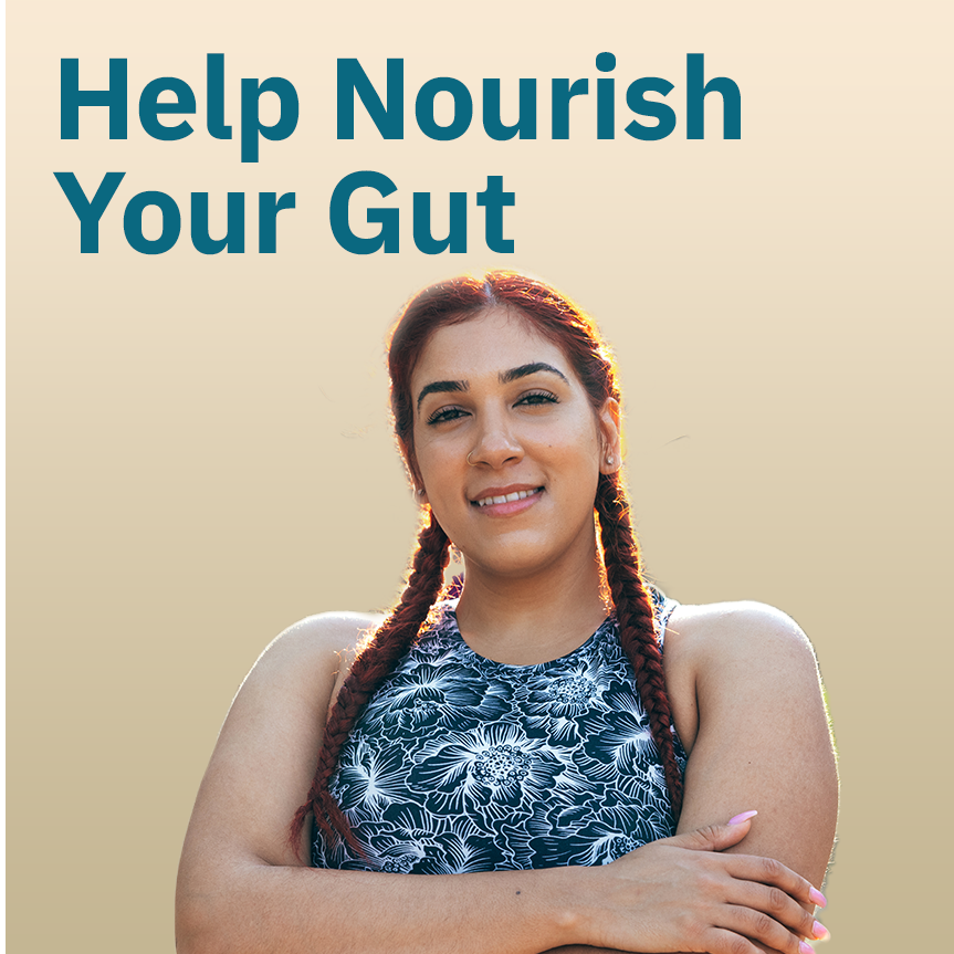 Woman smiling and text overlay "Help Nourish Your Gut"